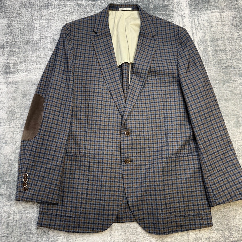 Peter Millar Blazer Jacket Men XL Plaid Wool Unstructured Elbow Patch Sport Coat